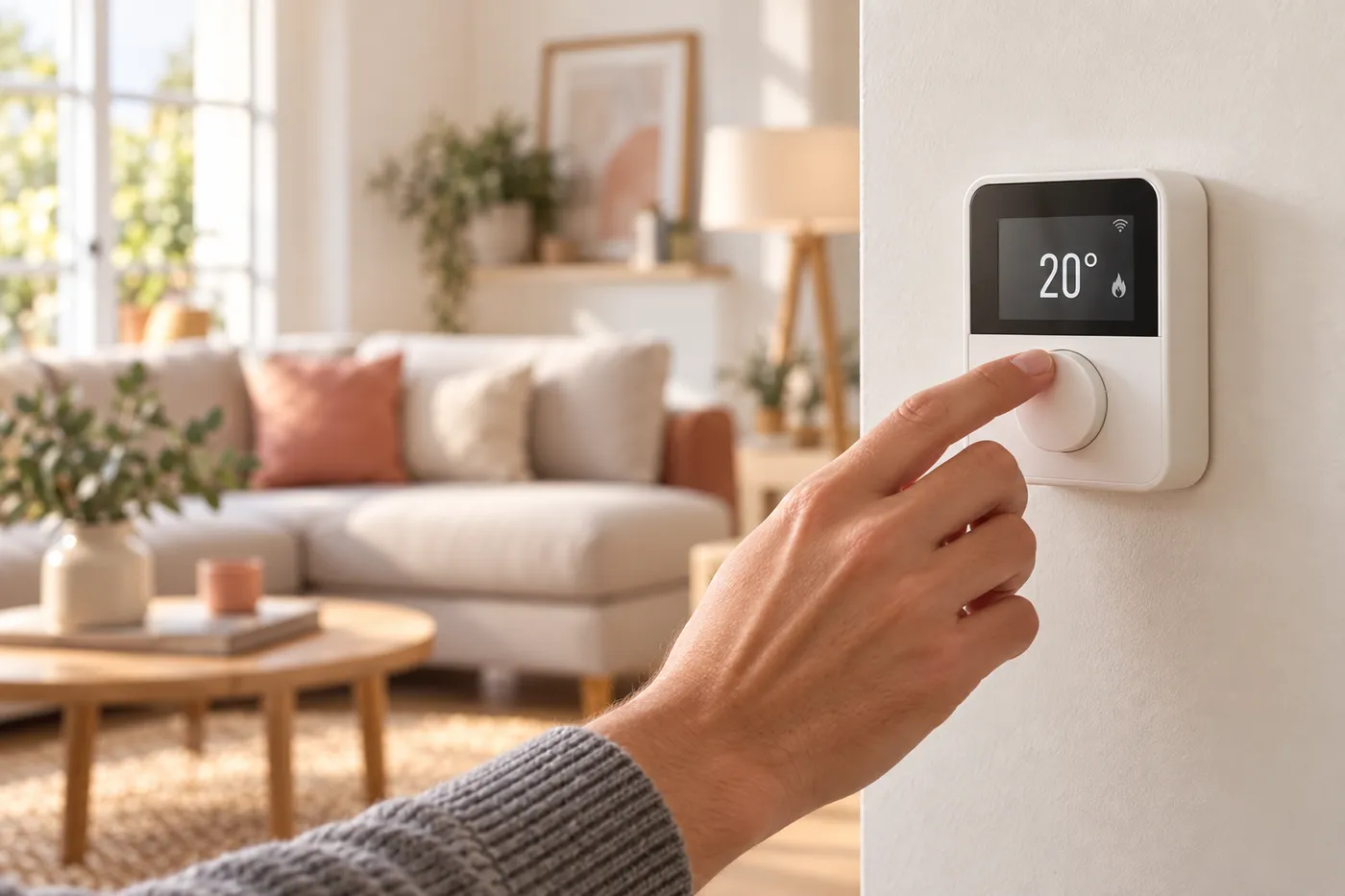 Réglage d'un thermostat d'ambiance mural à 20 degrés dans un salon lumineux